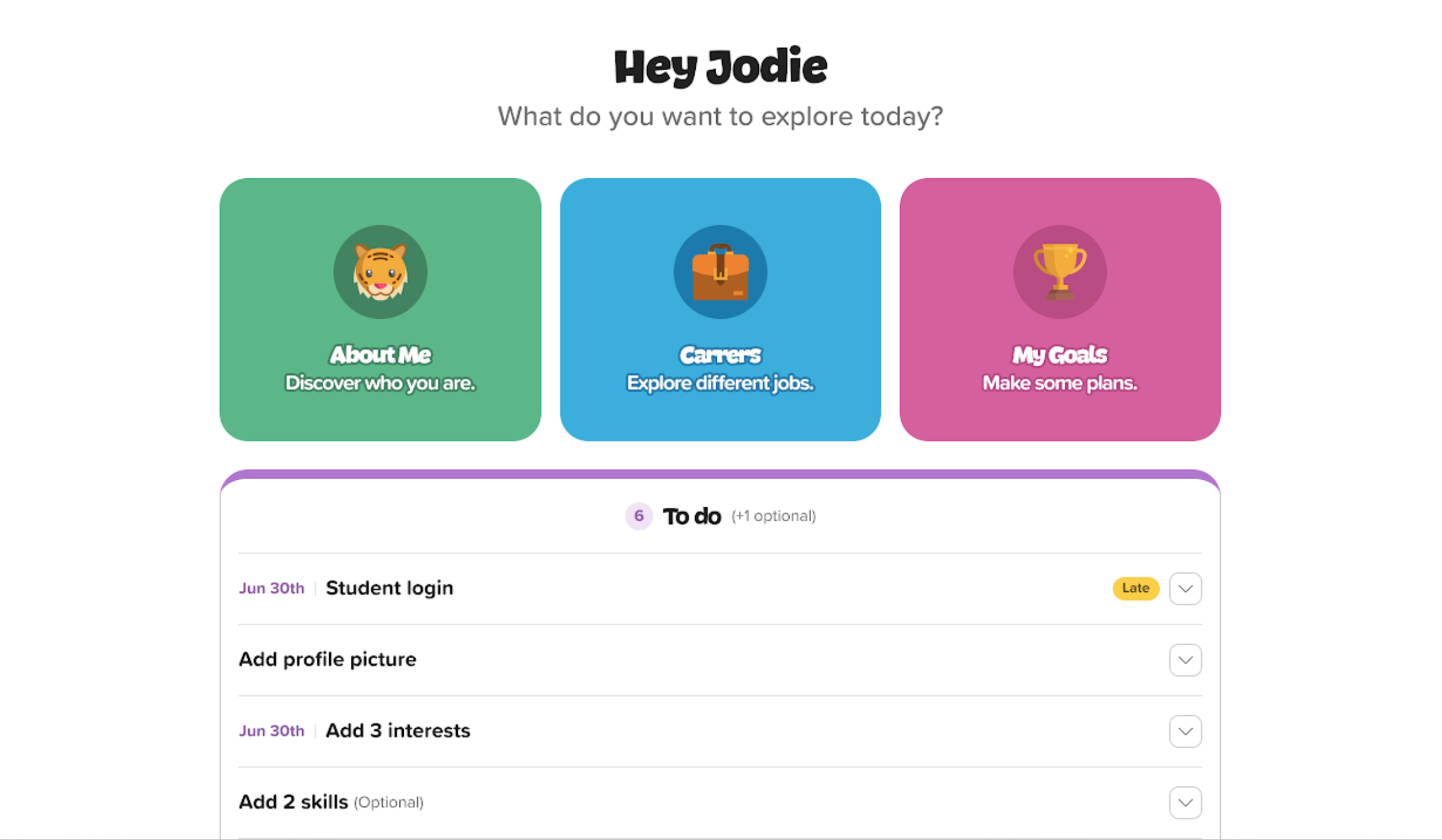 Student dashboard in Xello 3-5. There are tasks in the To do list, including Student log in, Add profile picture, and Add 3 interests